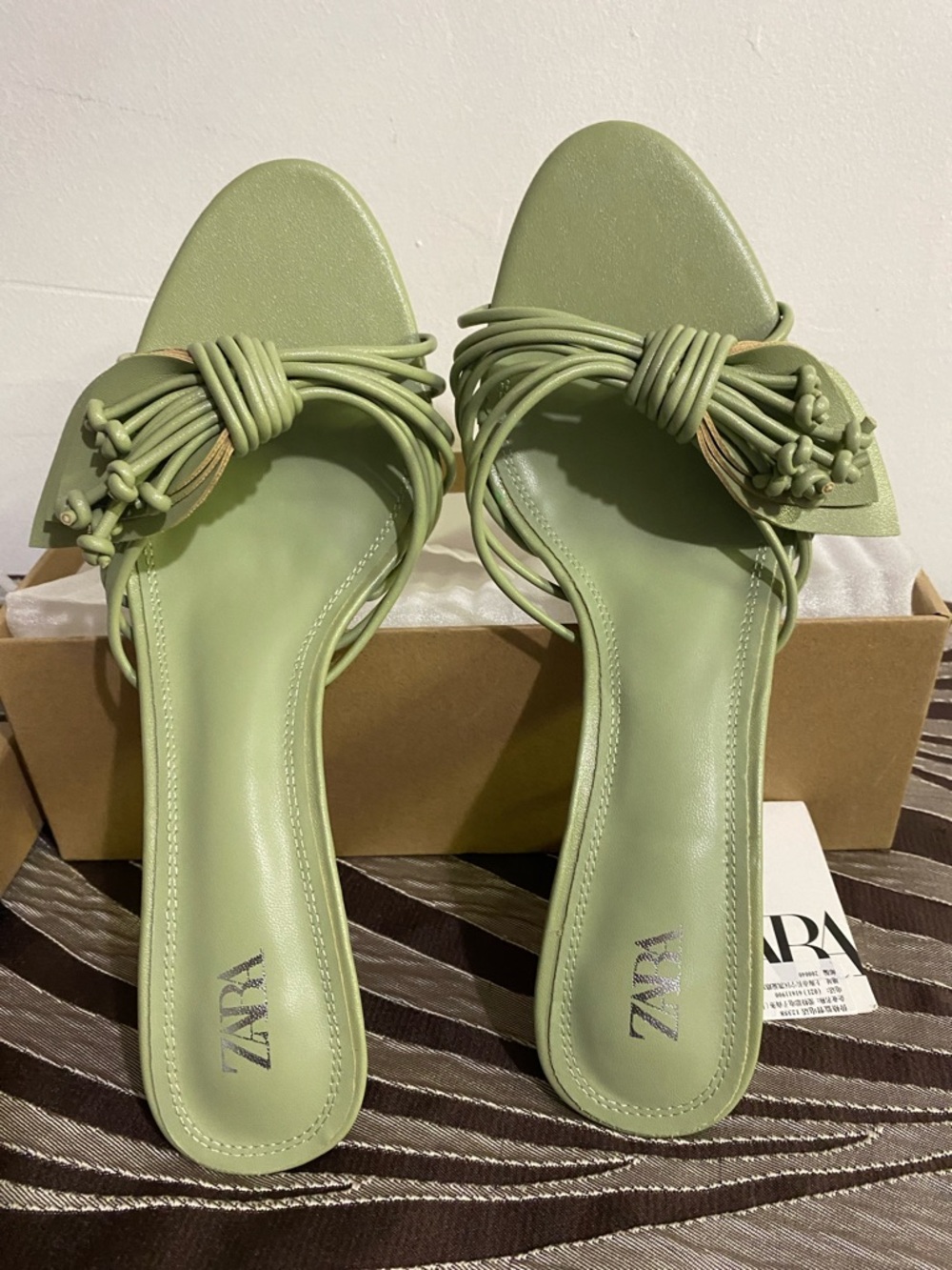 Zara Light Green Knotted Strap Slide Mules